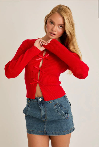 Kai Long Sleeve Red Satin Bow Top