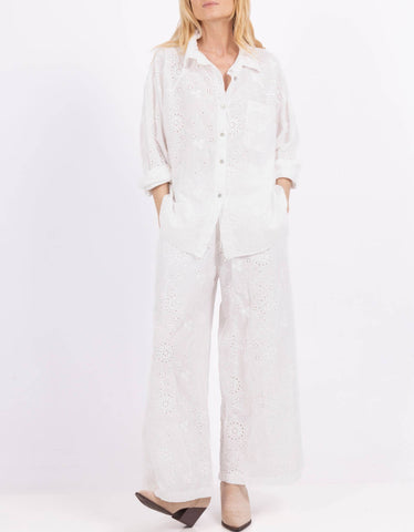 Italy Wide cotton pants with 3D embroidery: White