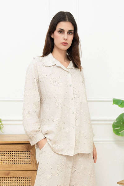 Italy Long-sleeve cotton shirt with 3D embroidery: White / One size