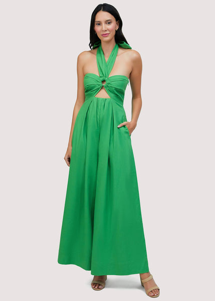 Radiance Jumpsuit - Green Cotton Blend Summer Front Cut-Out