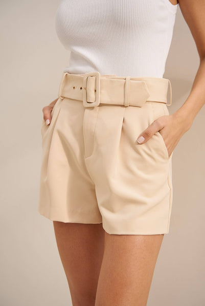 High-waisted plain belted shorts: Sky Blue