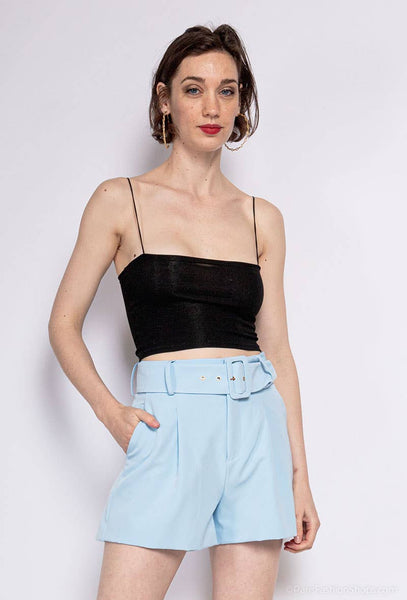 High-waisted plain belted shorts: Sky Blue