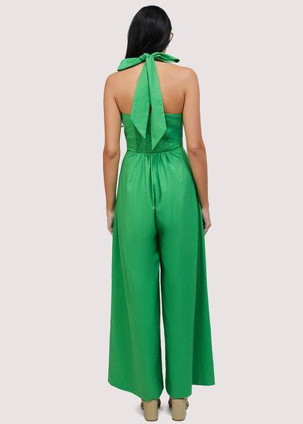 Radiance Jumpsuit - Green Cotton Blend Summer Front Cut-Out