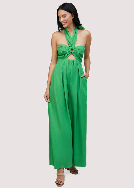 Radiance Jumpsuit - Green Cotton Blend Summer Front Cut-Out