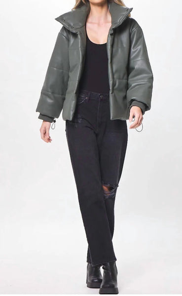 Leather Puffer Jacket in Gravel