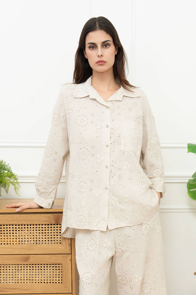 Italy Long-sleeve cotton shirt with 3D embroidery: White / One size