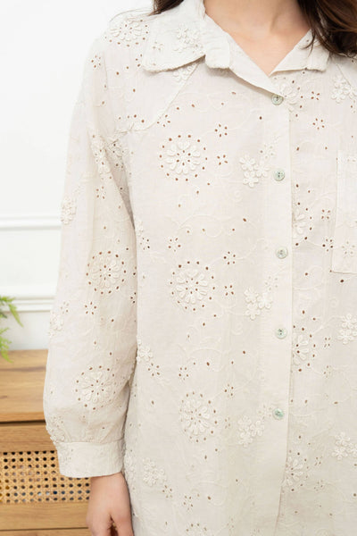 Italy Long-sleeve cotton shirt with 3D embroidery: White / One size