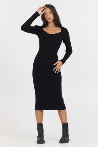 Black Fitted Midi Ribbed Dress