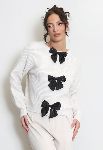 Knit Cardigan with Black Bows Cream 129