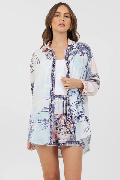 BLUE & PINK SCENIC PRINT PLACEMENT SHIRT DRESS