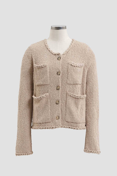 BRAIDED-TRIM CARDIGAN WITH POCKETS: BEIGE