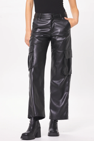 BLACK FAUX LEATHER CARGO PANT