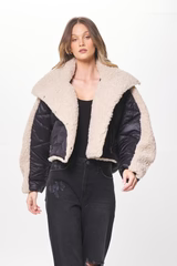 BLACK & CREAM MIXED MEDIA PUFFER SHEARLING JACKET