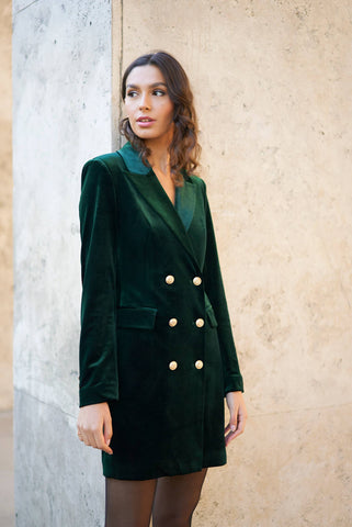 Velvet Double Breasted Blazer Dress in Bottle Green