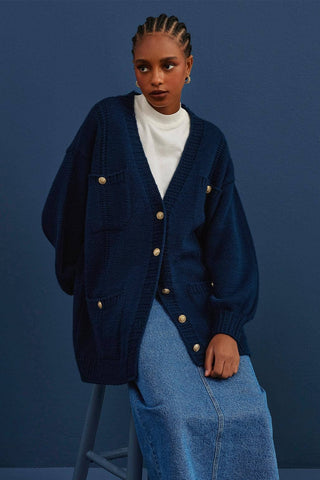 Knit Cardigan With Gold Buttons Navy Blue: SDT